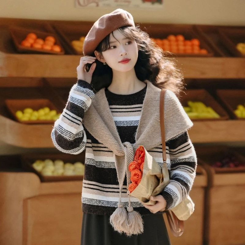 

Women's Spring Autumn Winter New Round Neck Loose Long-sleeved Knitted Top Two-piece Set Shawl Scarf Lazy Wind Striped Sweater