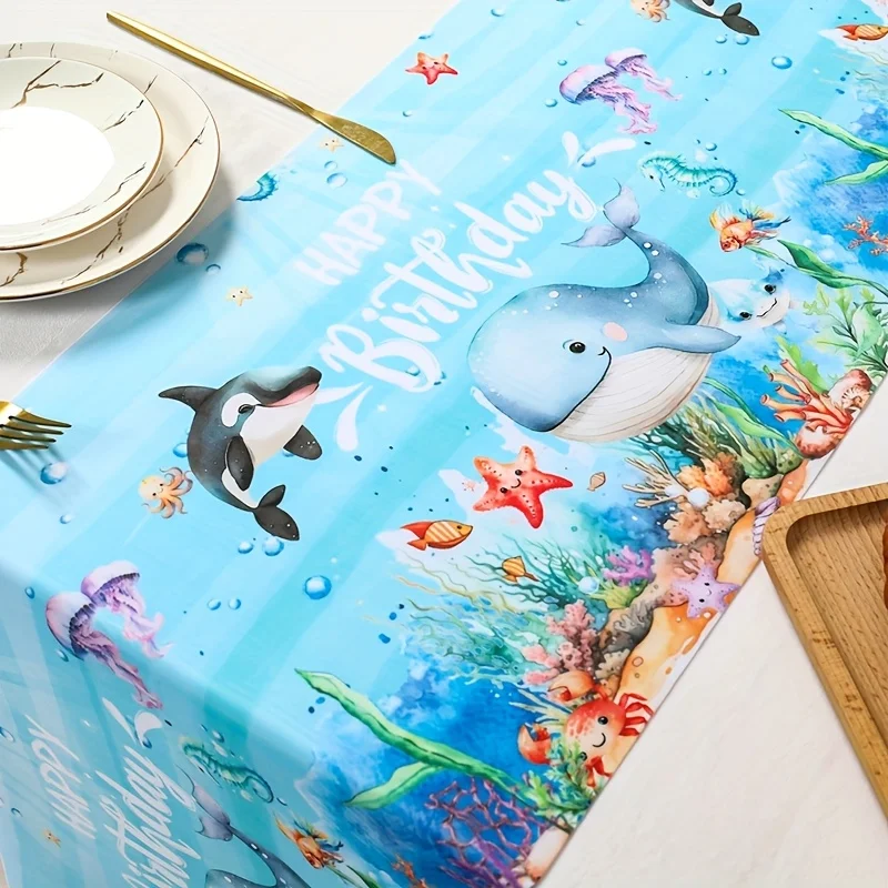 Under the Sea Whale Happy Birthday Table Runner, Polyester Ocean Decor for Birthday Party Home Dining Kitchen Supplies
