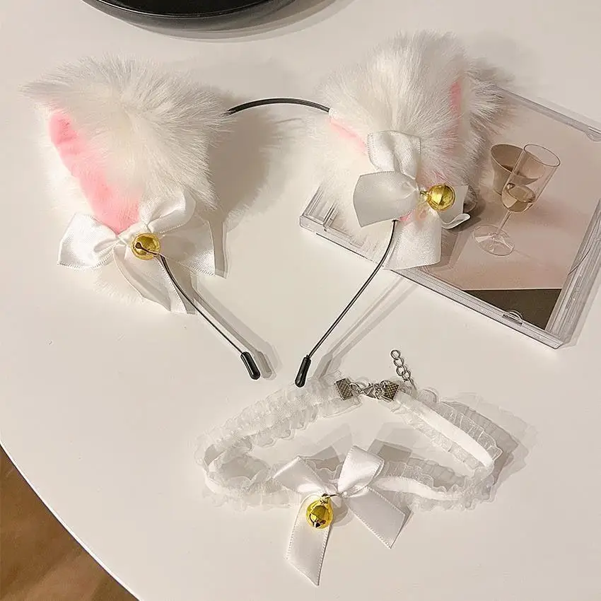 Katzen ohren Stirnband für Frauen Mädchen sexy Spitze Bogen Halskette Plüsch Glocke Haarband Cosplay Maskerade-Party Kostüm Haarschmuck