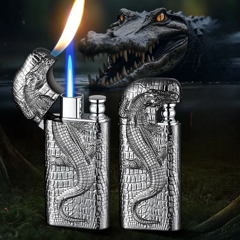 Creative Double Flame Gas Lighter, Alloy Material, Three-dimensional Relief Crocodile Pattern, Personalized Gadget Gift for Men