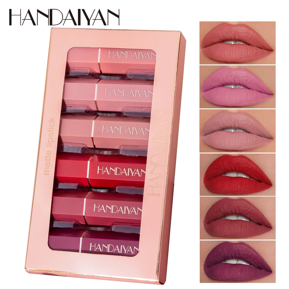 HANDIAYAN 6 Colors/Box Nude Velvet Lipstick Kit Makeup Cosmetics Cream Matte Lip Stick Set Waterproof Silky Matt Lip Balm Pencil