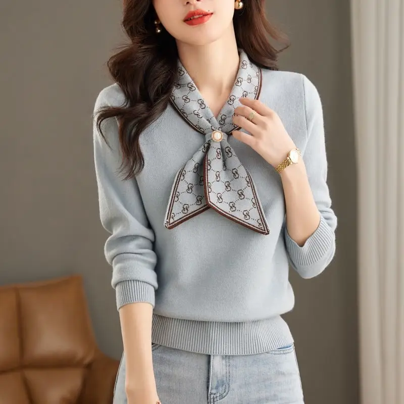 Women Clothing New Autumn Winter Beaded Bow Luxury Design Elegant Knitted Sweater Fashion Long Sleeve Pullover Tops Chic Jumpers