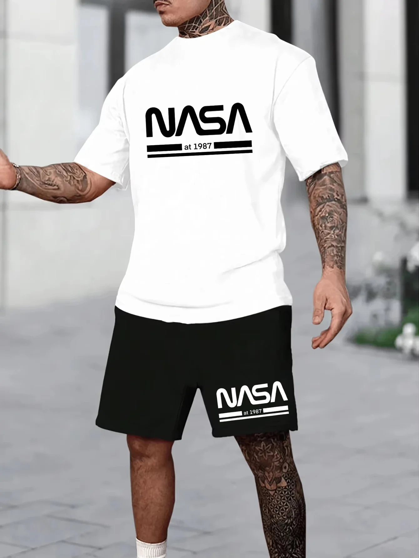 

2025 мужская летняя модная повседневная свободная футболка из 100 хлопка, комплект с буквенным принтом, спортивная футболка с круглым вырезом и короткими рукавами, шорты