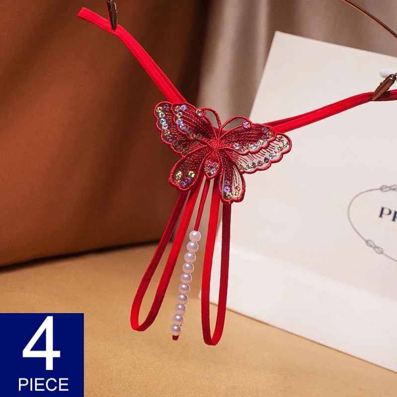 

4 Pcs Women's Sexy G-String Lingerie Set with Pearls Beaded T-Back Thongs Underwear Pearlescent Beading Panty for Ladies