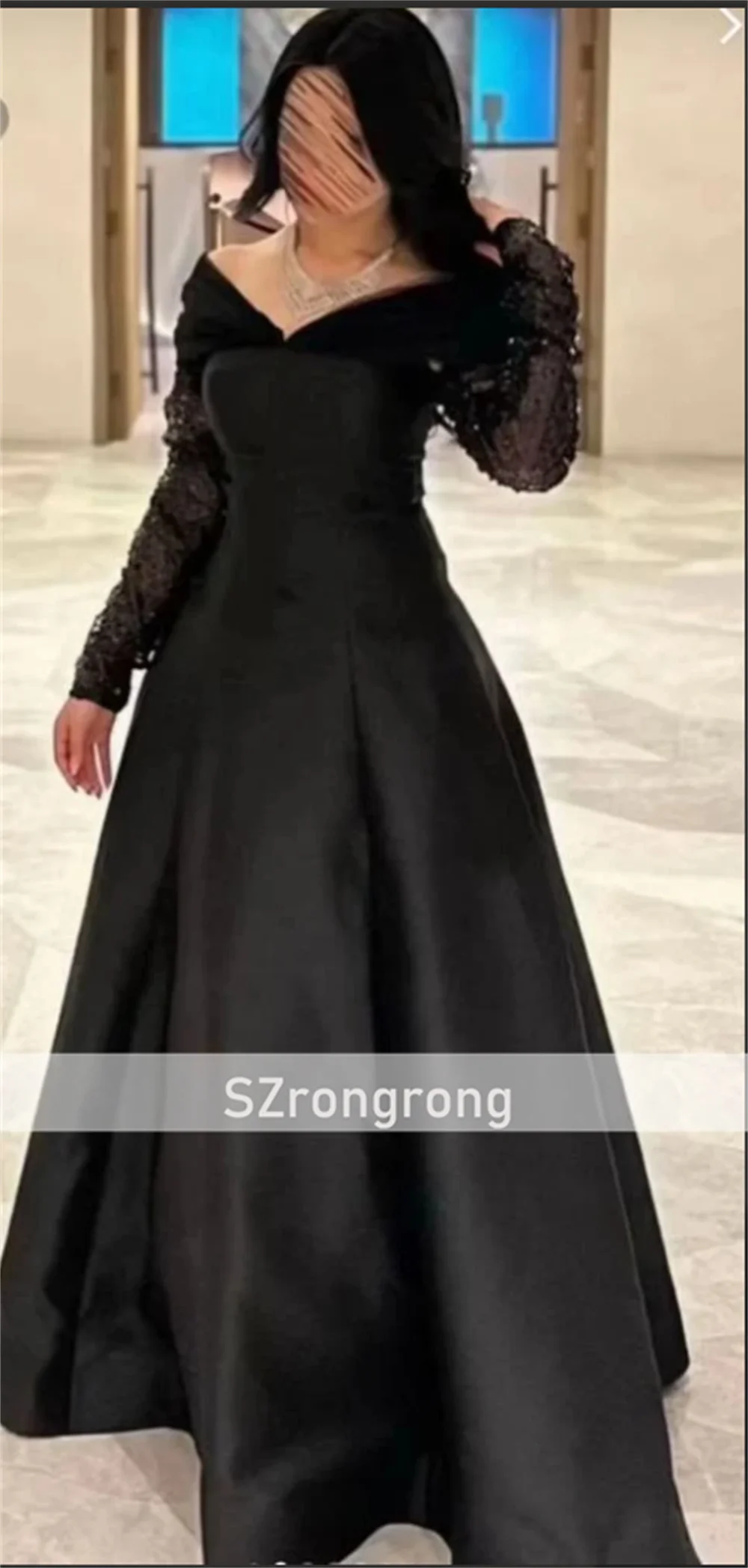 Vestido de noche de novia de satén con cuello en V, sencillo, corte en A, largo hasta el suelo, vestido de fiesta con manga larga, vestido saudí personalizado