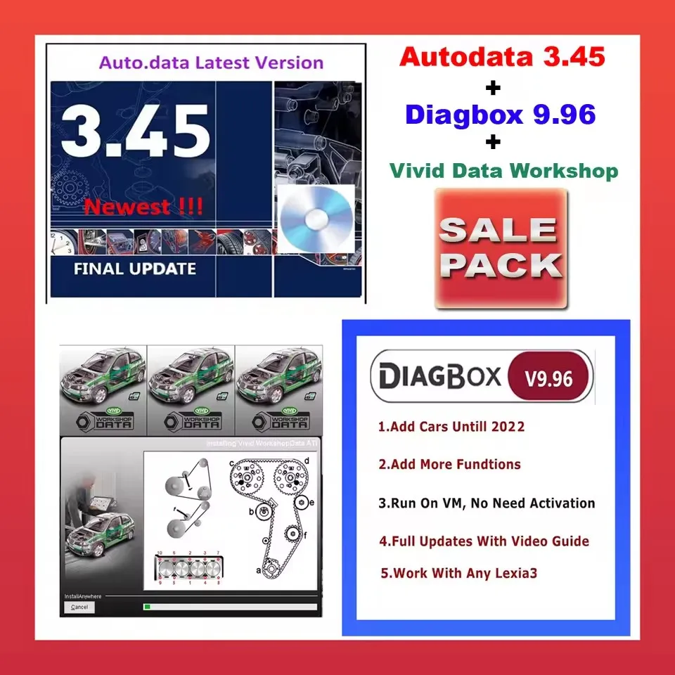 3 IN 1 Auto data 3.45 + Diagbox 9.96 + Vivid Data Workshop Car Repair Auto Diagnostic Virtual Box data Car Tool