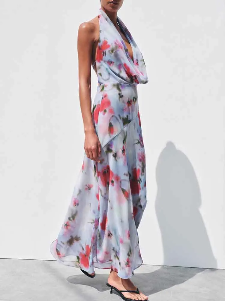 Abito midi con scollo all'americana, fiore caldo, temperamento versatile, stile europeo, nuova moda femminile, senza schienale, tie-dye