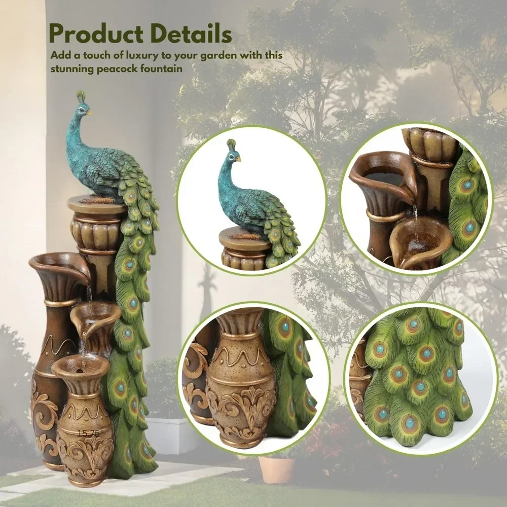 44-inch Resin Peacock Fountain, LuxenHome Outdoor Fountain with Water Tank and LED Lights, Outdoor Tall Fountain