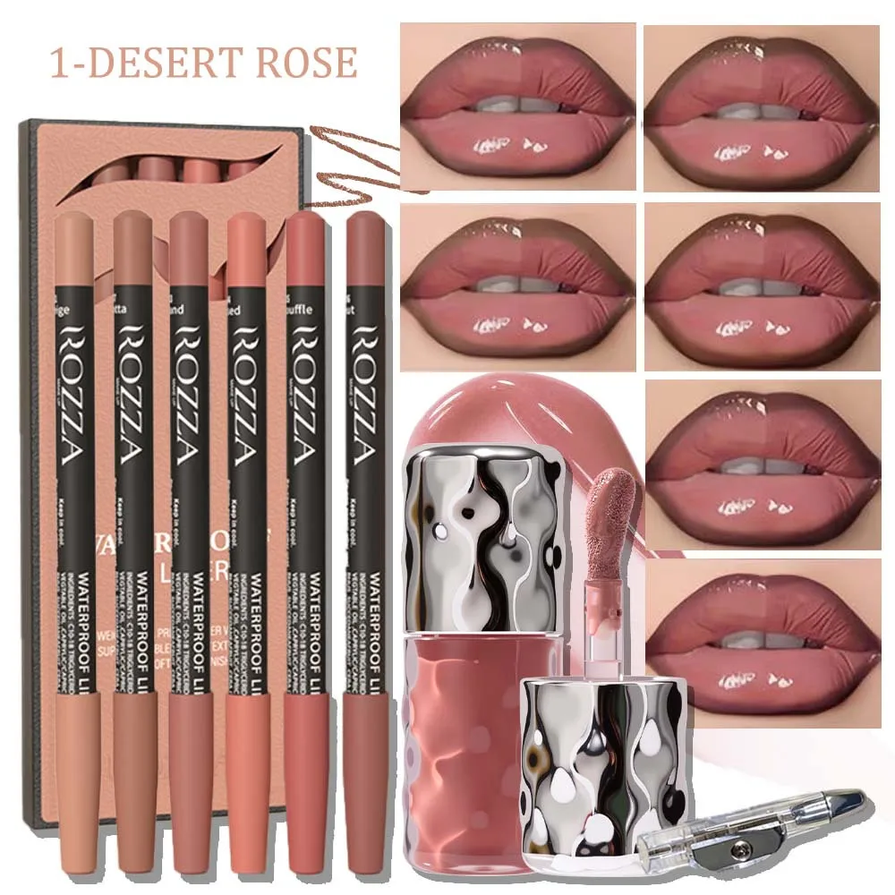 8pcs/set Daily Lip Beauty Set – 6 Blendable Lip Liners, 1 Moisturizing Lip Gloss&1 Pencil Sharpener – Soft Long-Lasting Lip Kit
