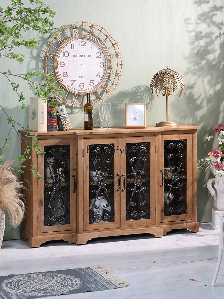 

American Style Solid Wood Sideboard Home Carved Entrance Cabinet Storage Vintage Distressed Complete Set