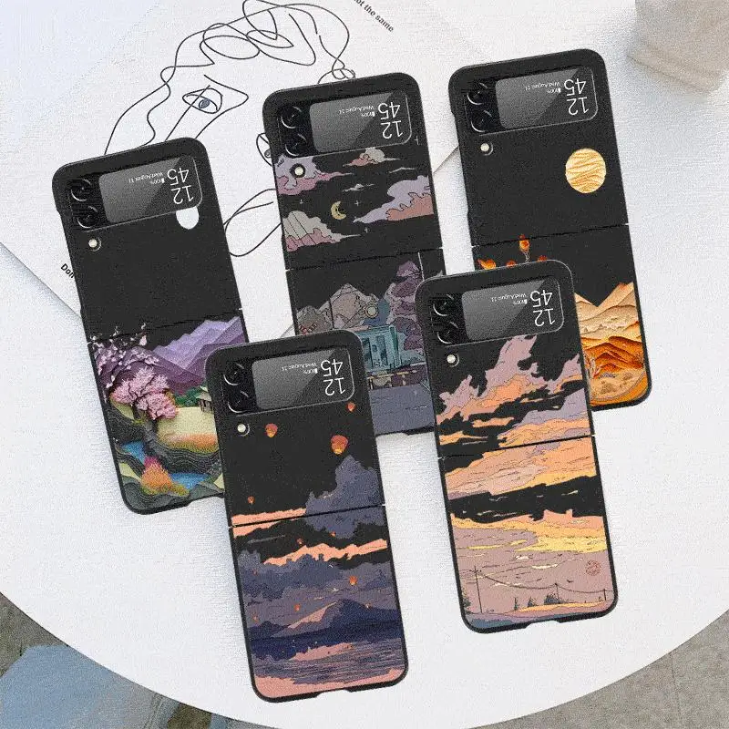 Summer Sky Suspension Case for Samsung Galaxy Z Flip 4 3 5 5G Flip Shockproof Capa 6.7 Inches Black Hard PC ZFlip 4 Phone Cover