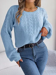 Autumn Winter Women's Lantern Long Sleeve Knitted Sweater 2026 Casual Solid Color Round Neck Pullover White Khaki Blue Woman Top