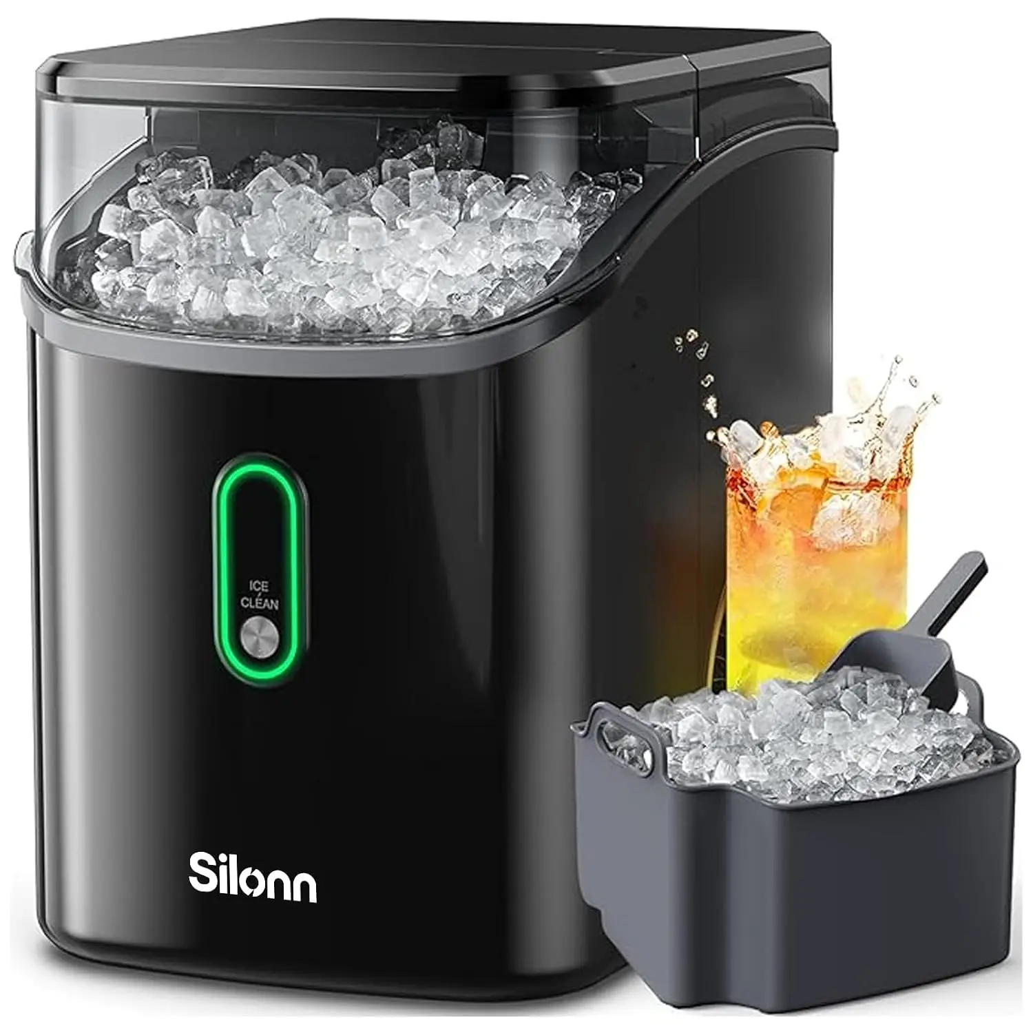 Countertop Nugget Ice Maker, Portable Pellet Ice Machine with Auto-Cleaning, Produces 33 lbs per Day of Soft Chewable Crushed Pebble Ice, Includes Scoop, for Home Kitchen Office, Black