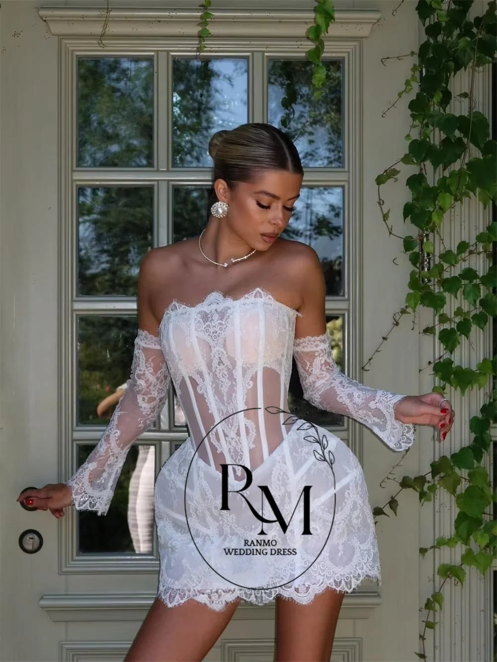 Ranmo Customized Lace Mini Wedding Dress Lace Strapless Removeable Sleeves Celebrate Bridal Gown Short vestidos de novia