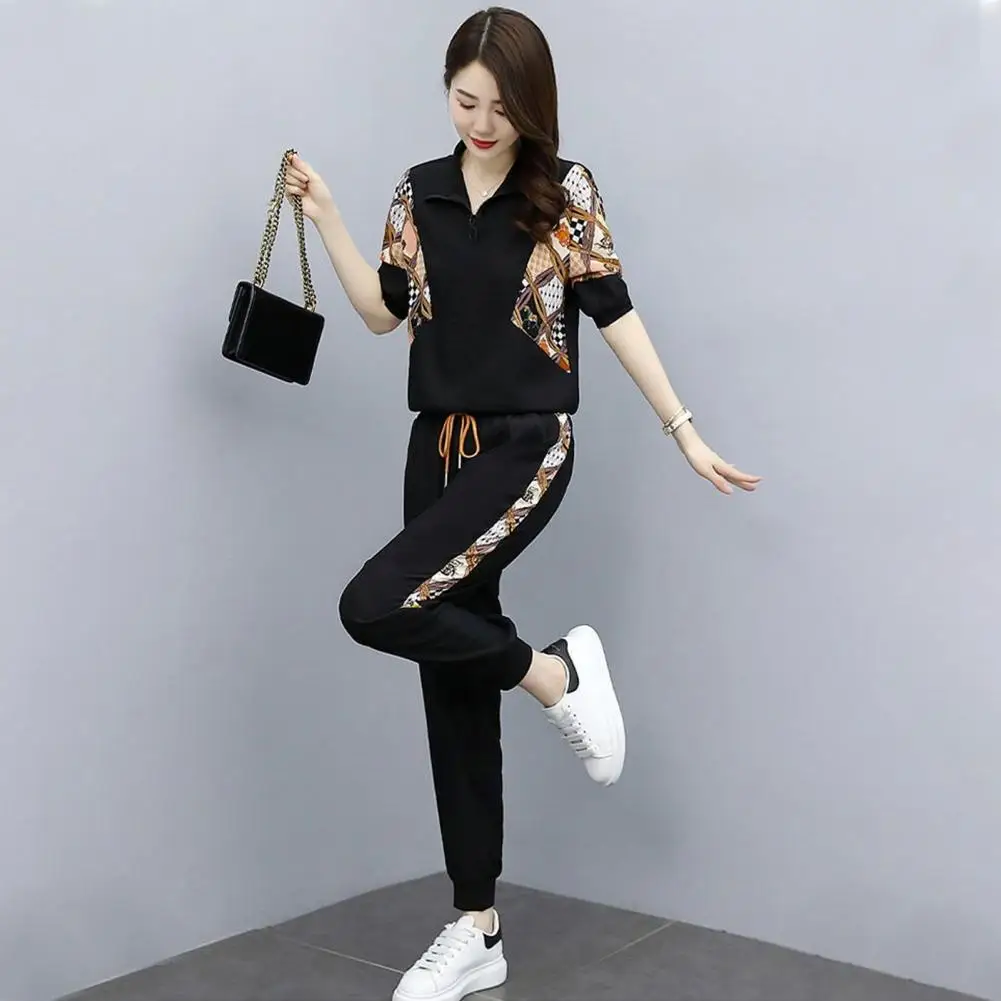 

2 Pcs/Set Women Sweatshirt Pants Suit Zipper Turn-down Collar Long Sleeve Drawstring Women Top Trousers Set Tracksuit