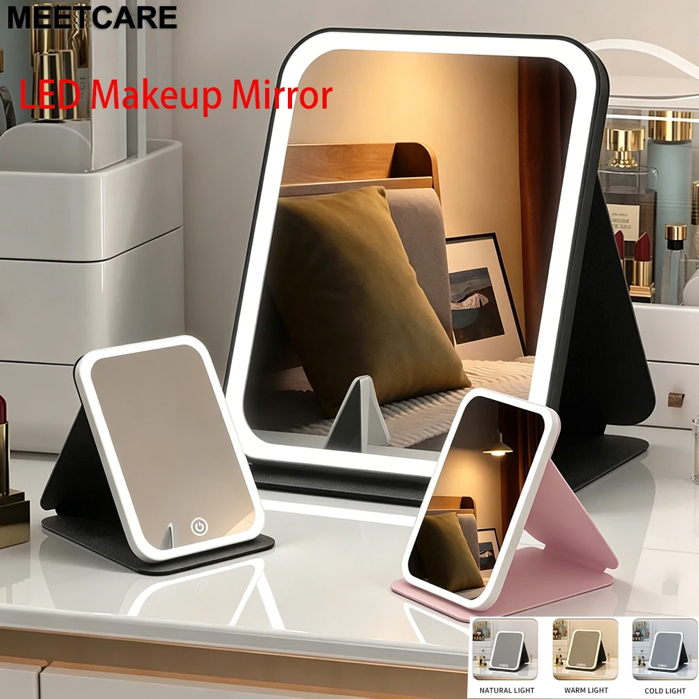 Dimmable LED Makeup Mirror with 3 Colors Touch Screen Fold Beauty Cosmetic Makeup Mirror Rechargeable Tabletop Travel & Home Use