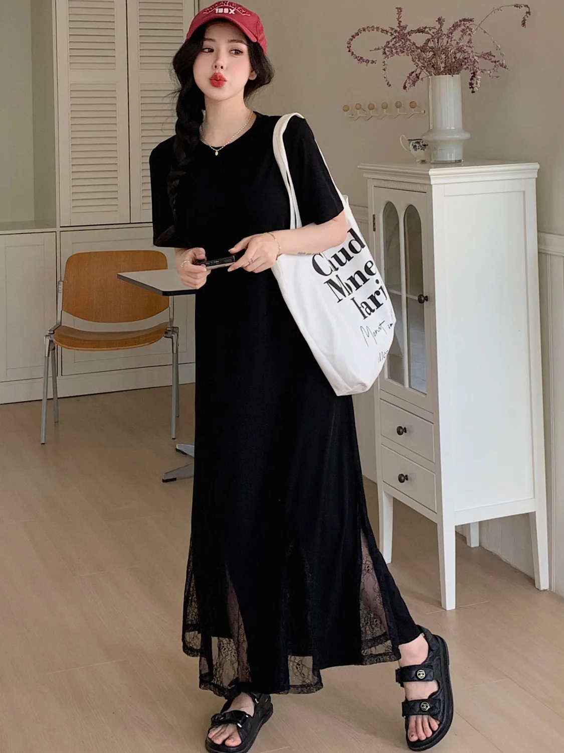 Coréen Sle ample minceur épissure couleur moi Fi queue longue Dr femmes Ele décontracté genou longueur t-shirt Dr