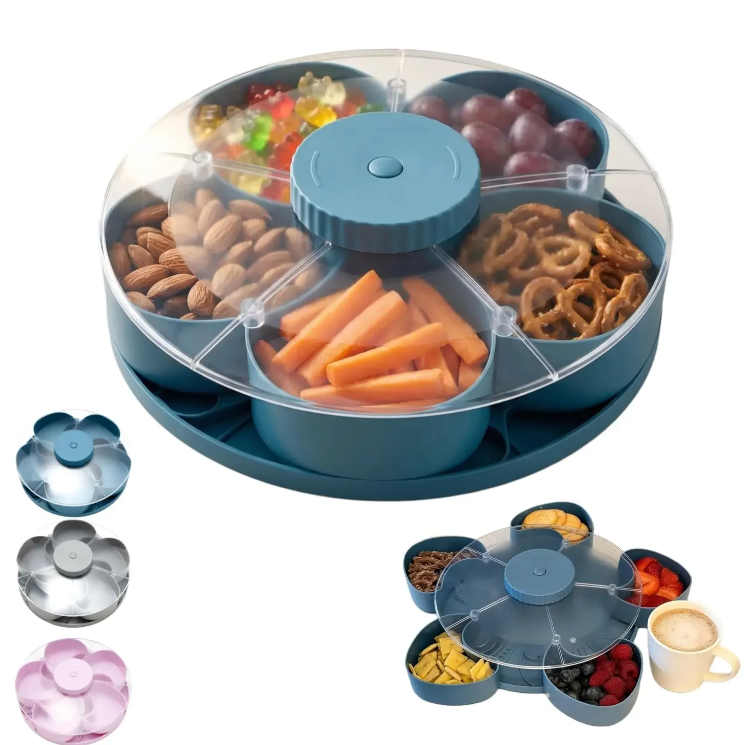 

Divided Serving Tray That Spins - Perfect for Snacks, Dips & Party Appetizers, Rotating Snack Box Container with Lid, Lazy Susan