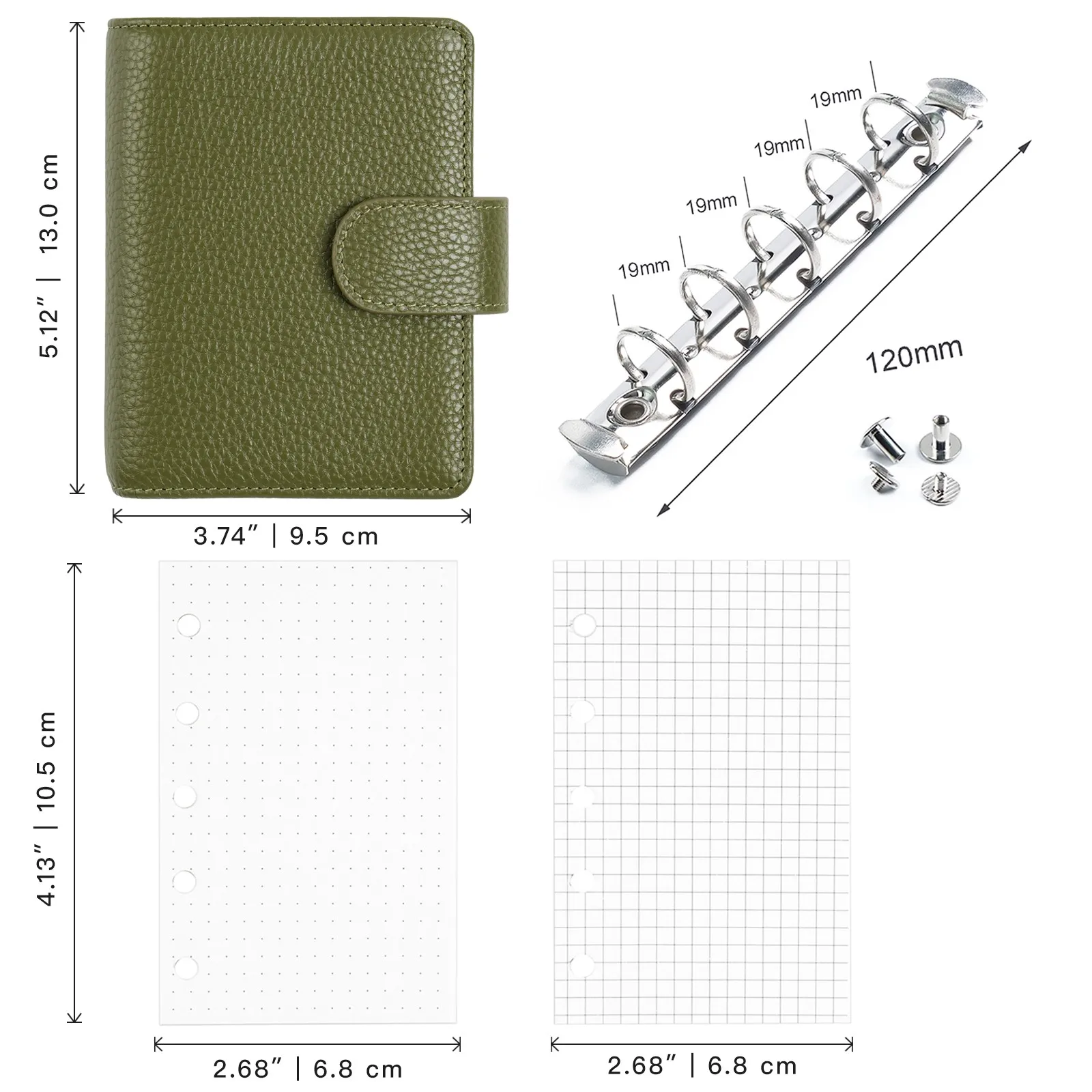 Planificador de anillos de tamaño A8 Regular de Moterm imperfecto limitado, minicuaderno de 5 agujeros de piel de vaca de grano de guijarro con organizador de anillos de 15 MM