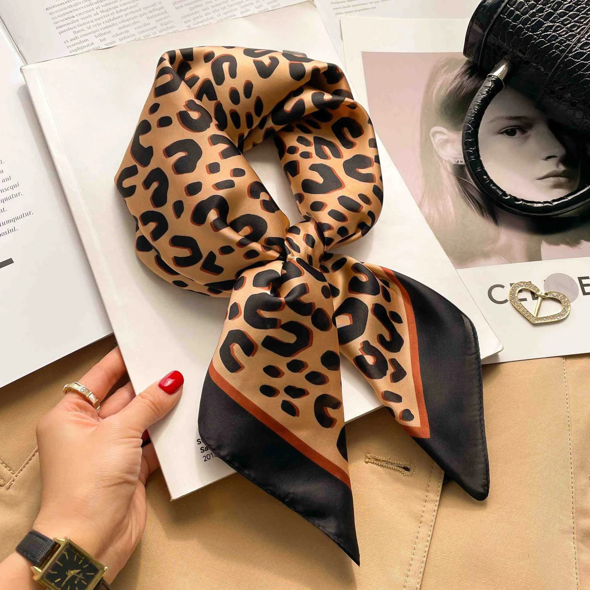 70cm Leopard Print Silk Square Scarf for Women Satin Shawl Fashion Wraps Neckerchief Female Hair Bands Ribbon Headband Bandana