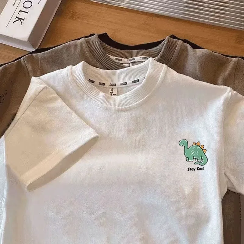 Latest summer children's pure cotton T-shirt - Cute colorful dinosaur print, comfortable and breathable top for boys and girls