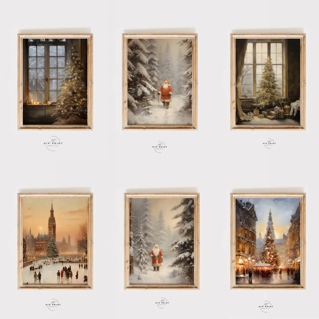 فن رسم المدينة الشتوي العتيق ، منظر طبيعي ثلجي لعيد الميلاد ، مطبوعات قماشية ، ريفي ، ريفي محايد ، ديكور الغرفة ، هدايا