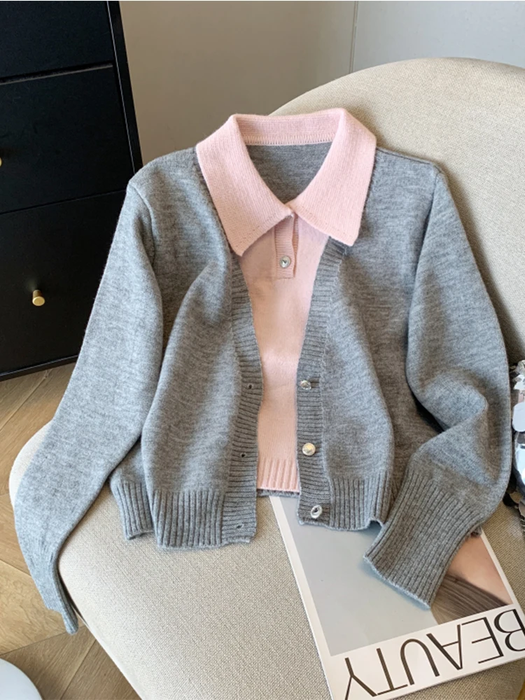 Herbst Winter Frau Koreanische Mode Gefälschte Zwei Stücke Strickjacke Pullover Langarm Strickwaren Trikots Jumper Stilvolle Kontrast Farbe