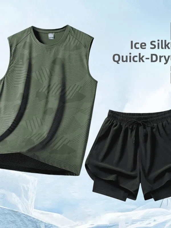 

Ice Silk Qui Dry Breathable Tank Top orts Set Men's Running Fitn Loose Casual Sports Suit Summer Sportswear