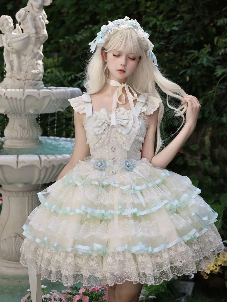

Japanese Kawaii Lolita Jsk Dress Women Sweet Pearl Chain Bow Flower Wedding Party Mini Dresses Y2k Lace Ruffles Princess Dresses