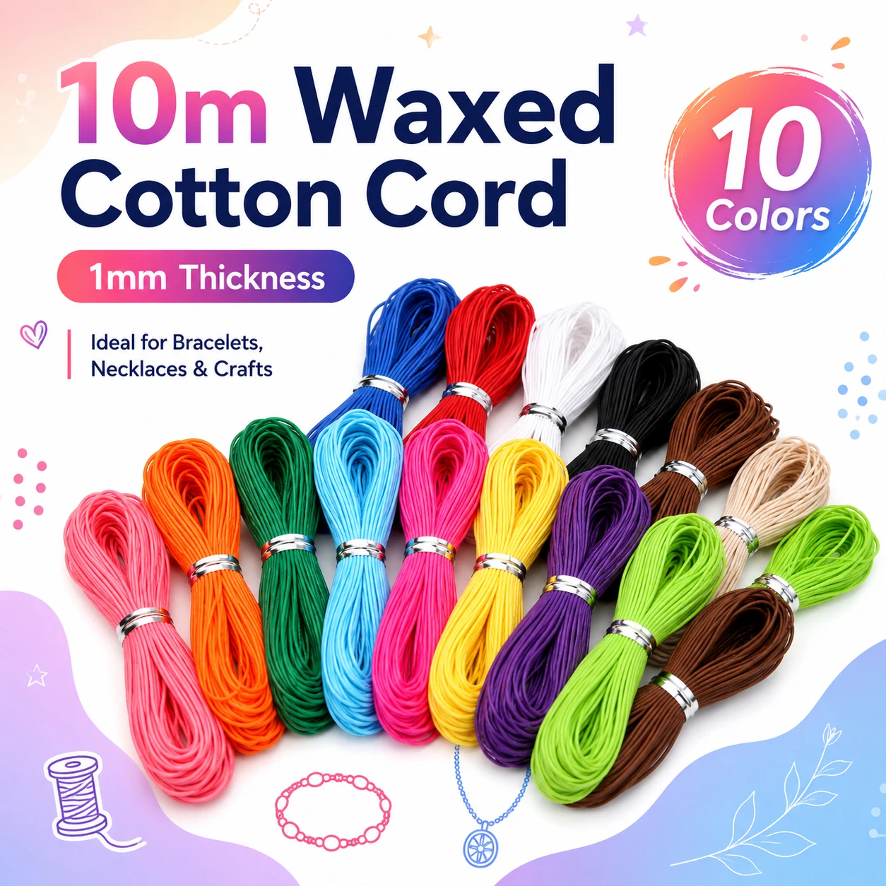 10m 1mm Waxed Leather Cotton Cord, Durables Braiding Thread for Jewelry Making, DIY Bracelet, Necklace & Macrame Craft