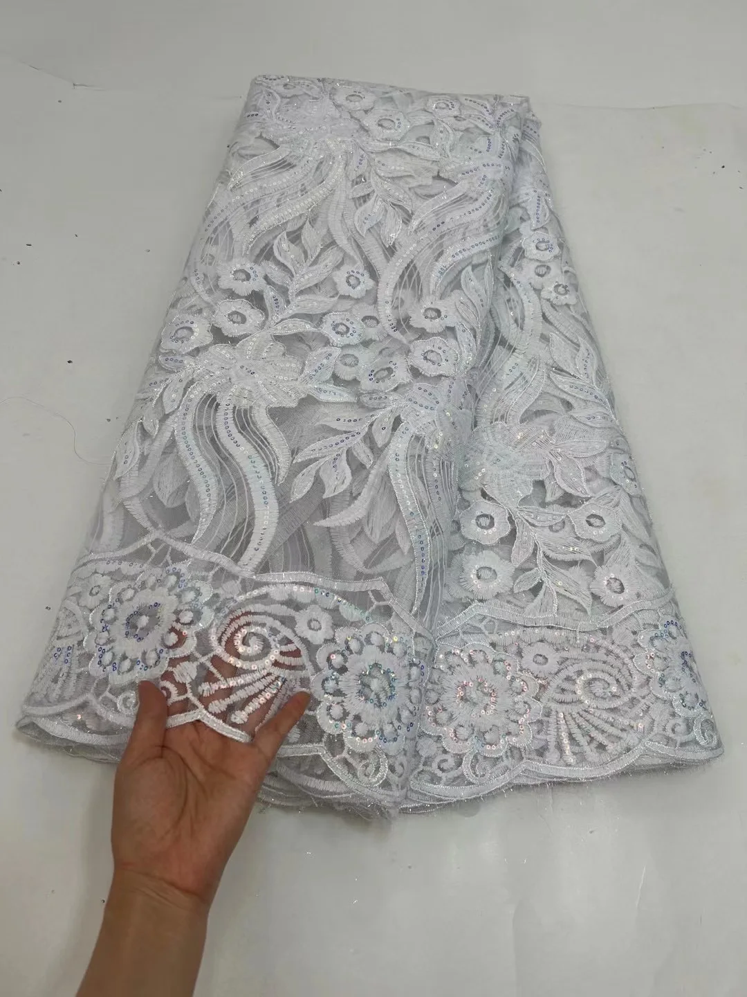 

LatestAfrican Lace Fabric 2022 High Quality Pure White Nigerian Milk Silk Lace Fabric French Colorful Sequin Cord Lace PHD21197