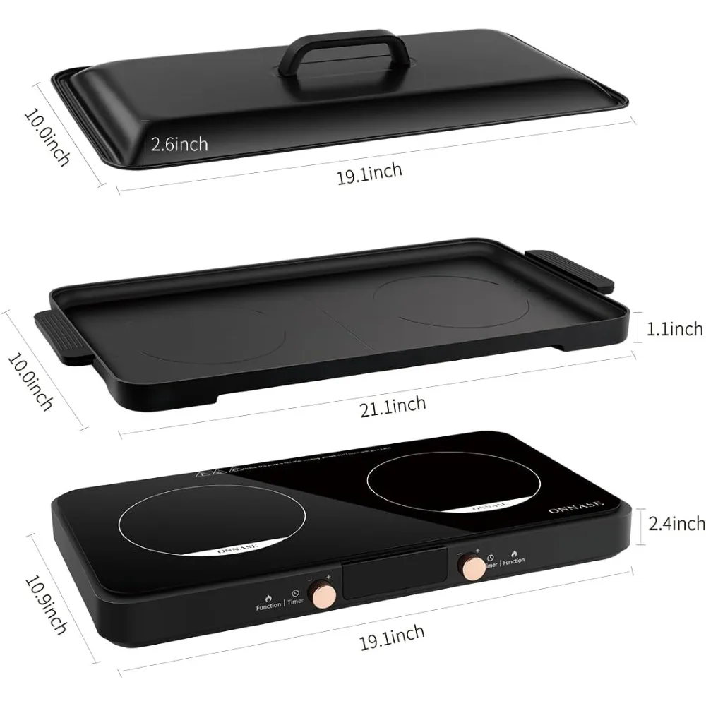 Cooktop de indução dupla, 2 queimadores com grelha removível de ferro fundido, antiaderente, fogão de indução portátil de 1800W