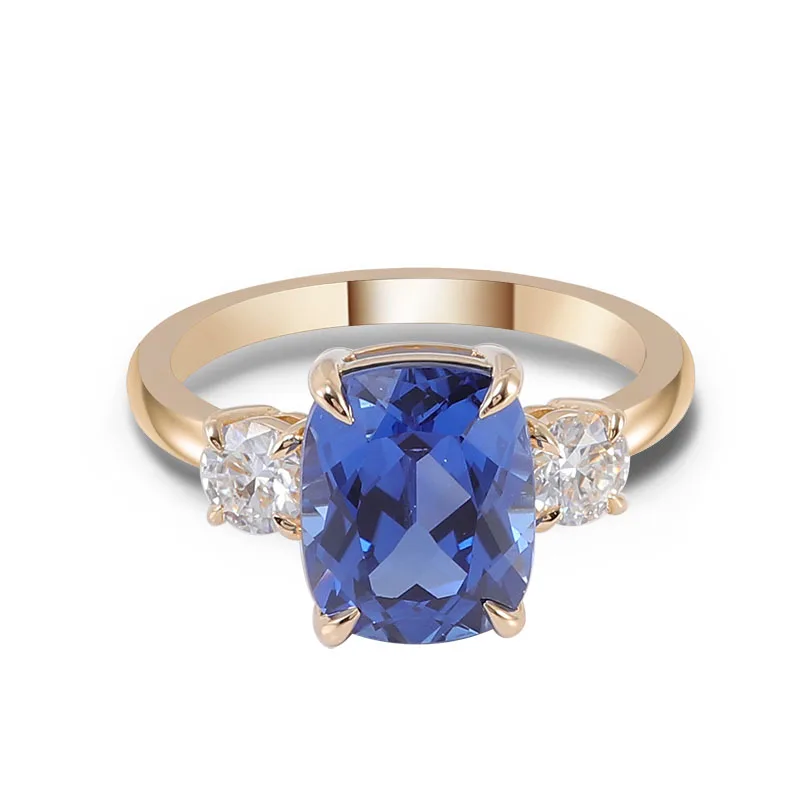 Provence Solid Gold Three Stone Ring Elongated Cushion Lab Blue Sapphire For Woman Girls Party Fashion Jewelry Christmas Gift