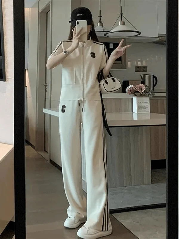 

Summer New Casual Sportswear Set Korean Style Loose Striped Short Sleeve Jacket Long Pants Two Piece Trendy Outfit for Women