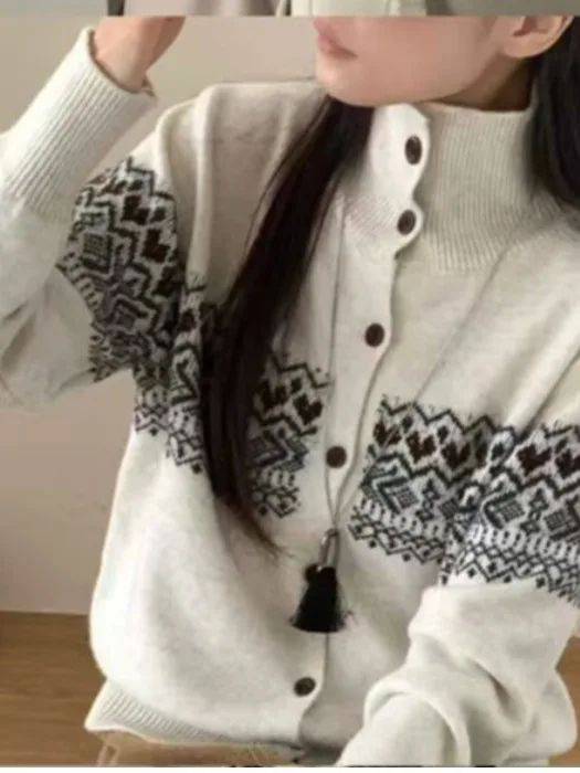 

Вязаный женский кардиган с высоким воротником в стиле ретро, корейский свитер на пуговицах цвета Blo, пальто для молодых девушек