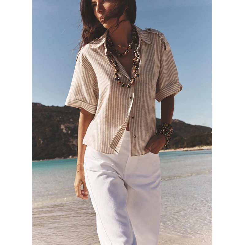 Estate nuove donne misto lino metallo colore linea modello lungo Sve colletto rovesciato irt Top vestibilità ampia pendolarismo Sle UV Pro...