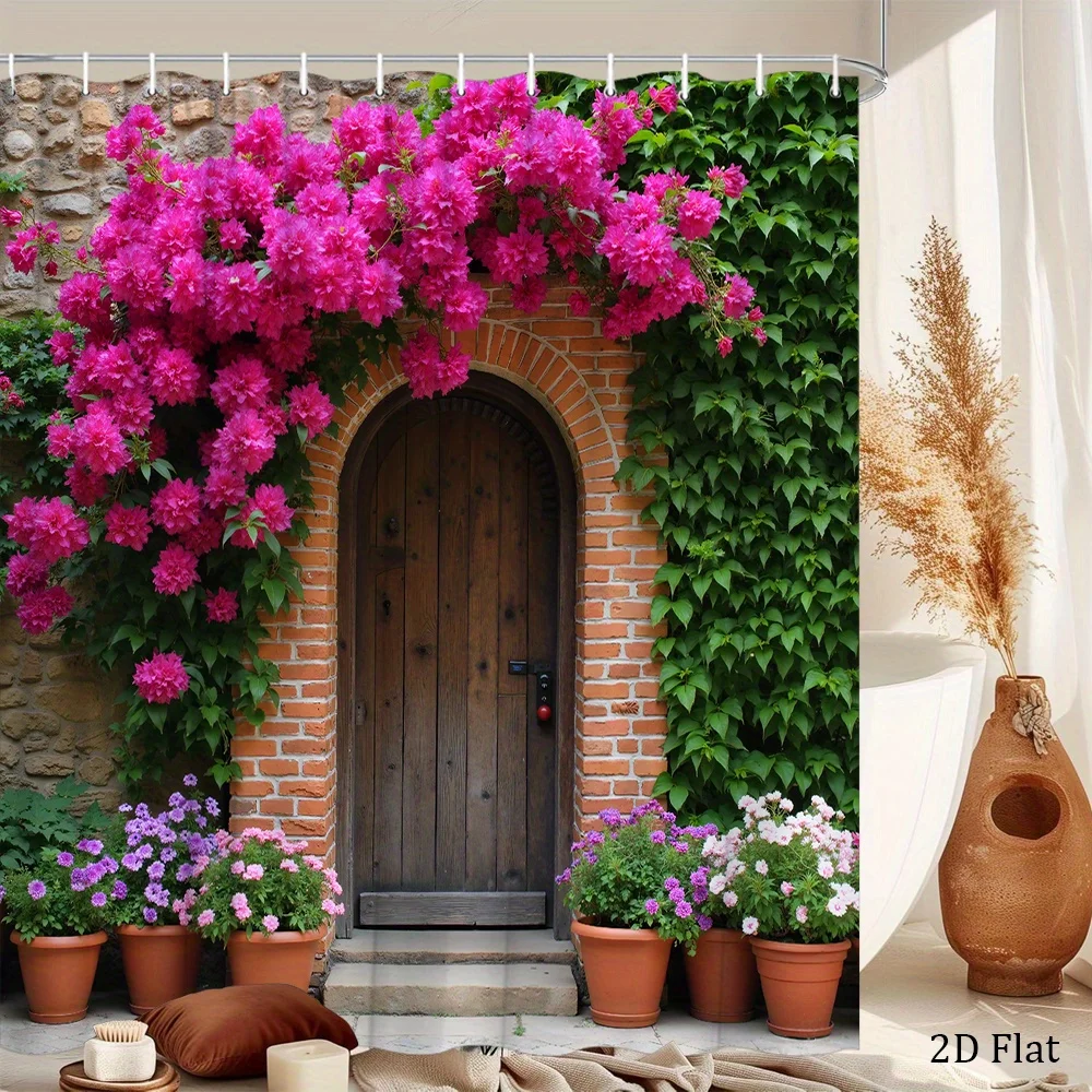 1pc Rustic Brick Archway & Cascading Bougainvillea Shower Curtain - Colorful Flowers, Serene Garden Entrance Design, Polyester,