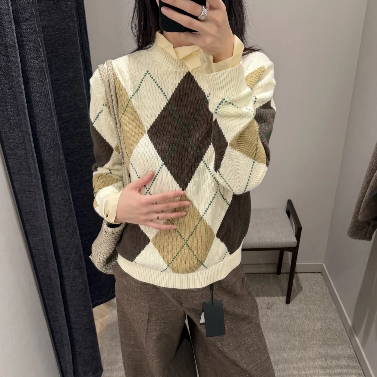 

Women's casual lazy style retro rhombus pattern round neck long-sleeved knitted sweater spring new 16a-2543