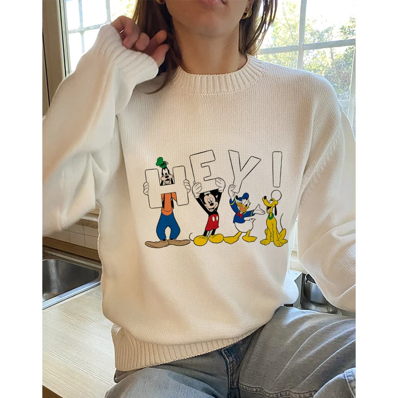 Mickey Minnie Women's Top Casual Crew Neck Fall/Winter Knitwear Disney Print Cartoon Women's Clothing Y2k Sweater White