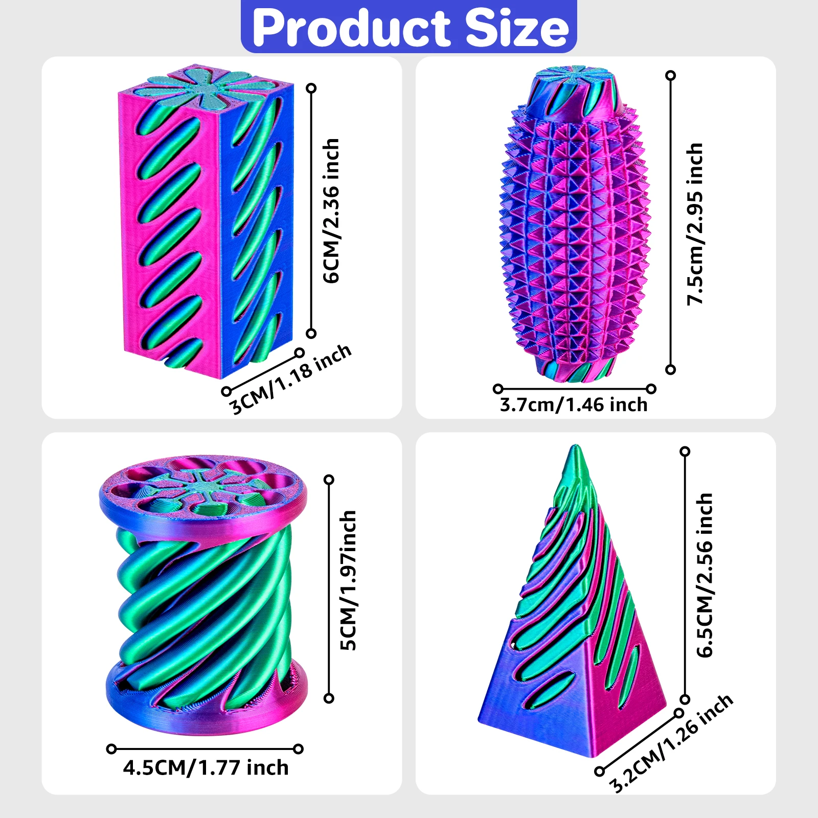 4/8 Pack 3D Printed Fidgets, Impossible Cone Spiral Pyramid, Little Ouchies Pain Stim, Stress Relief Desk Toy Gifts