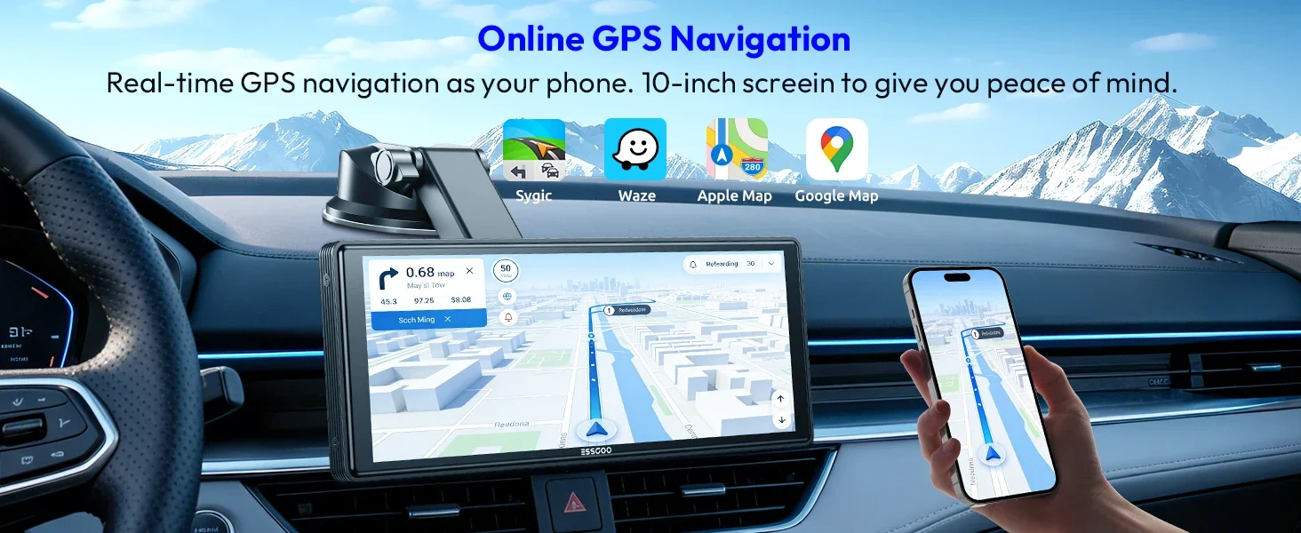 ESSGOO 10,26" Tragbare Universelle Drahtlose Carplay-Halterung für Wohnmobile, LKWs, Autoradios, Tourscreen, Android Auto, Bluetooth, FM, Lenkradsteuerung, Einfach zu installieren – Detail 3