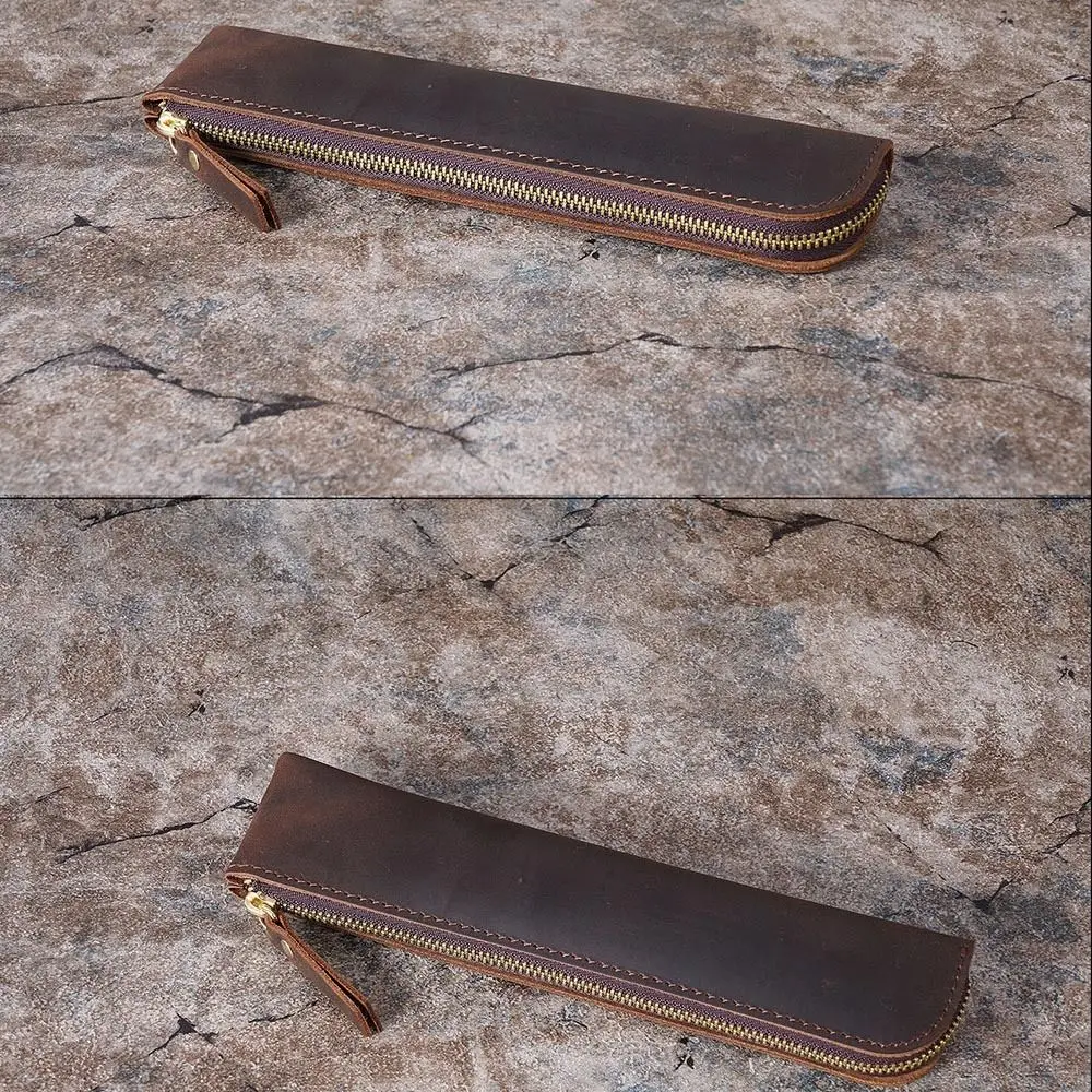 Ретро пенал из воловьей кожи на молнии, держатель для карандашей ручной работы, чехол для ручек, высококачественная кожаная сумка для ручек, школьные канцелярские принадлежности