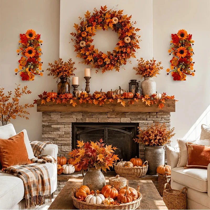 Autumn Hanging Wreath/Vine Wreath for Fall Decor ustic Eucalyptus Leaves Fall Sunflower Teardrop Swag Real Touch UV Resistant
