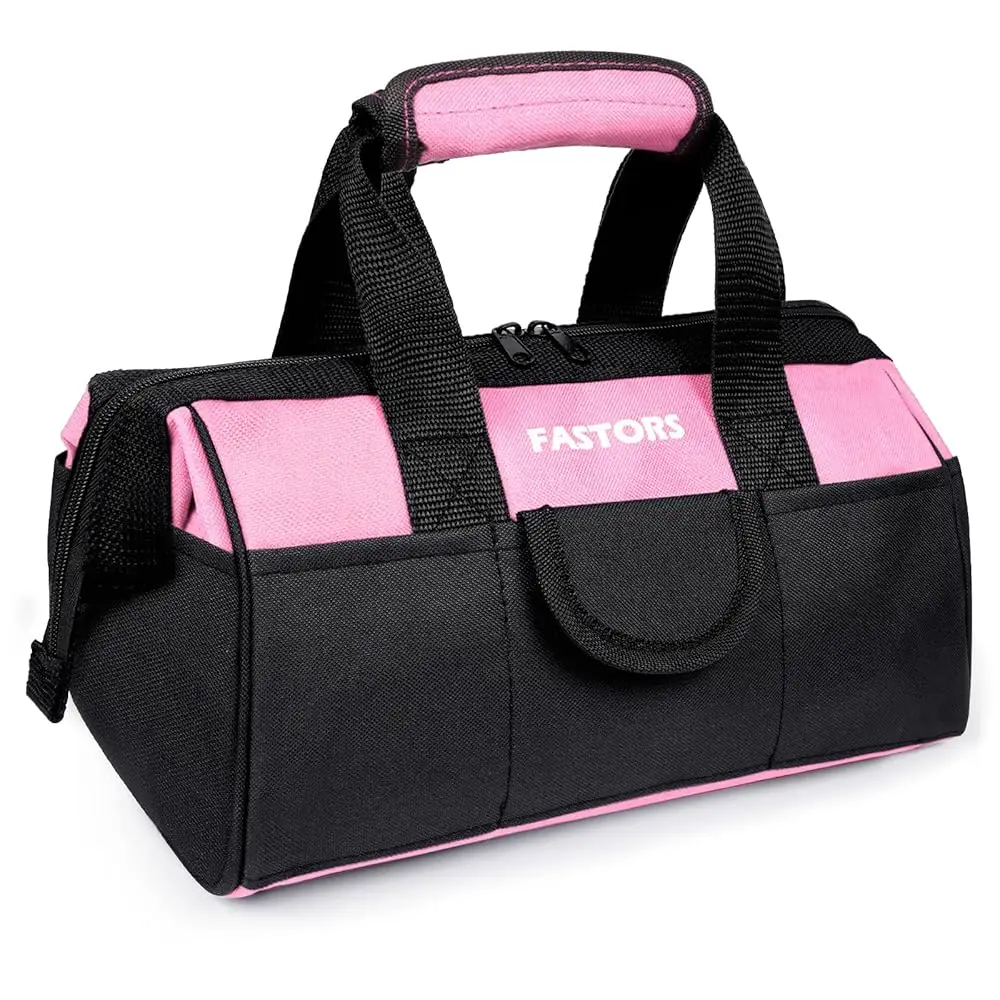 

Pink Tool Bag For Women With 13-Inch Wide Mouth Double Zippers,Tool Bag With 8 Pockets Outside And 2 Pockets Inside(Pink)