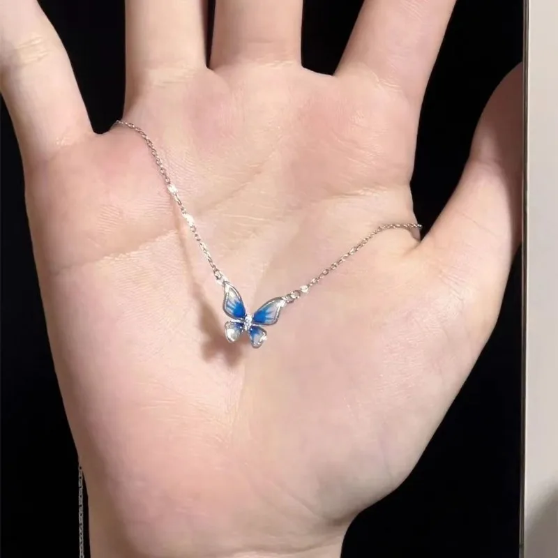 Enamel Gradient Blue Butterfly Necklaces for Women Minimalist Clavicular Chain Pendant Choker Necklace Fashion Jewelry Collares