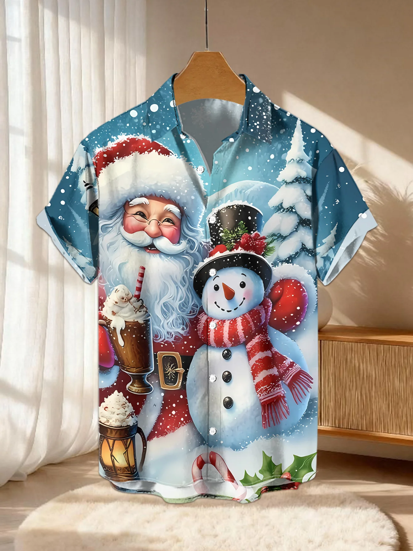 Men Short Sleeve Shirt Christmas Santa Reindeer Print Lapel Casual Holiday Party Button Down Tops Men's Clothing