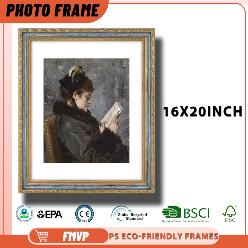 

16x20 Blue Gold Ornate Photo Frame with Floral Carvings Perfect for Classic Living Room Decor and Gallery Displays Picture Frame