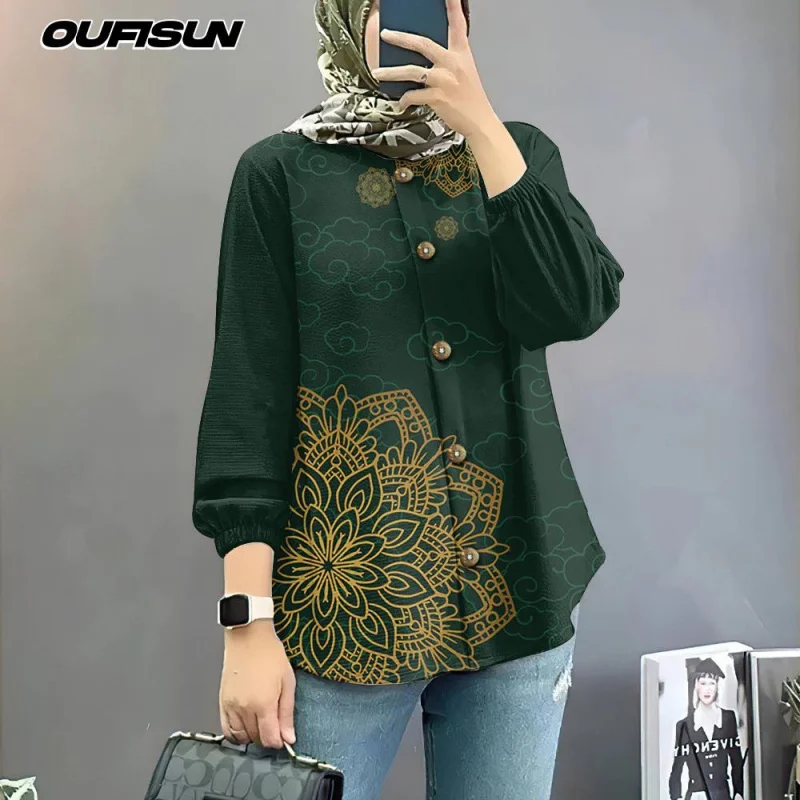 Muslimah Blouse Styles Vintage Loose Women's Shirts Long Sleeve Shirt Plus Sizes Muslimah Shirts 2025 Clothing Women