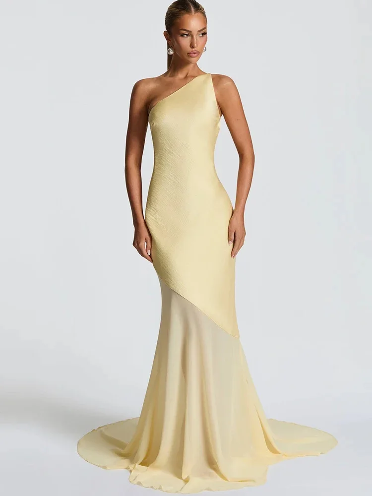 

Сексуальное желтое платье для выпускного вечера на одно плечо с открытой спиной, русалка, нерегулярное длинное вечернее платье, платья на день рождения, Robe De Soiree