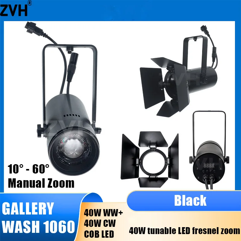 Portable Mini 40W Led Fresnel Spotlight with Barn Door 10°- 60° Large Range Zoom Bi-color Studio Video Lamp for Stage Lighting